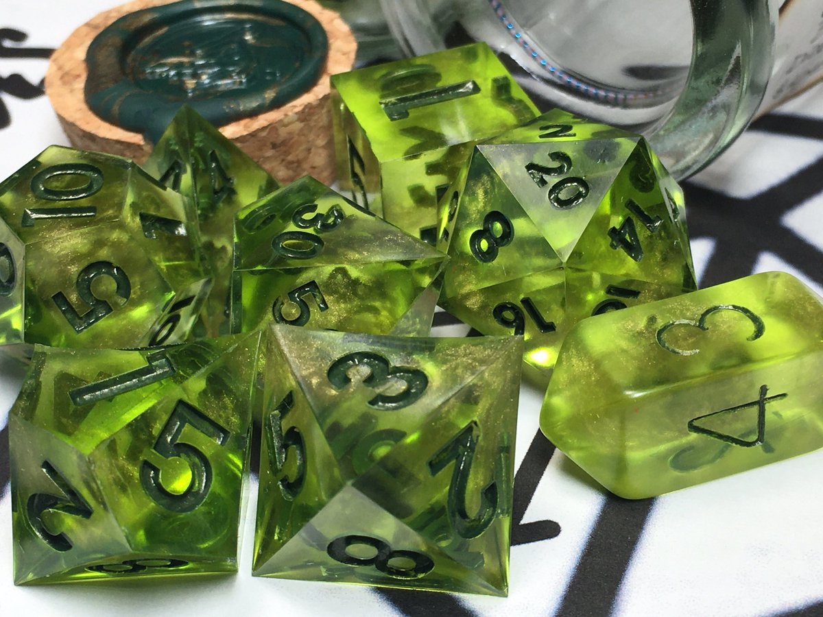 LetoAnimas's tweet photo. Latest dice sets! Molten Tigerseye, Orange Bonanza , Caustic Brew and Astral Wizard! #dice #handmadedice #resin #nerd #sharpedge #clickclacks #shinies https://t.co/BlRBt4r5fA