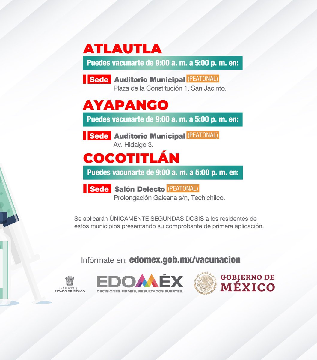 alfredodelmazo's tweet photo. El día de mañana 18 de octubre estaremos aplicando la segunda dosis a los adultos de 30 a 39 años en #Atlautla, #Ayapango y #Cocotitlán. #EstrategiaDeVacunación https://t.co/L9IpIrK2mA