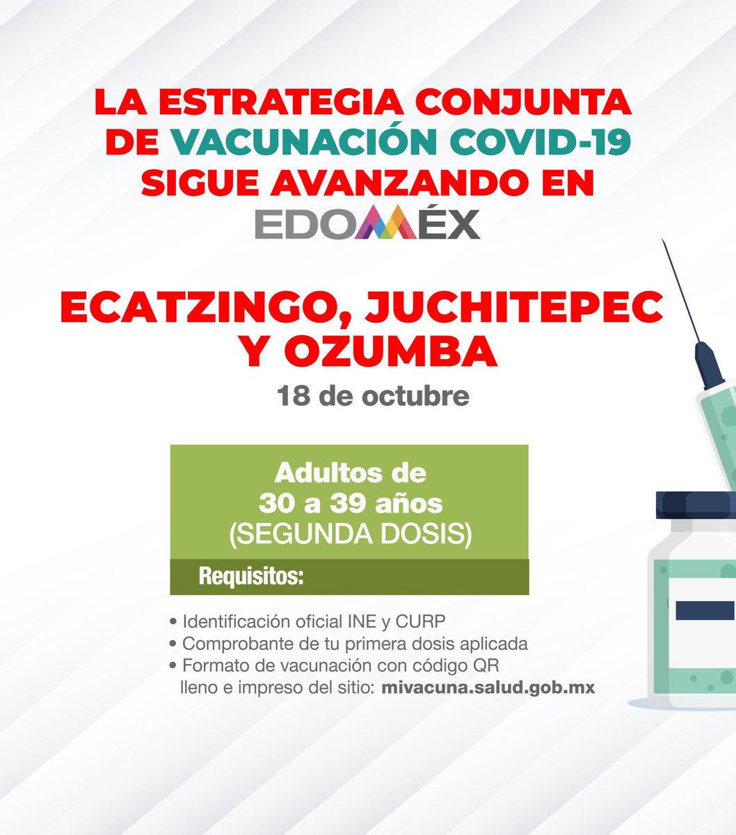 alfredodelmazo's tweet photo. El día de mañana 18 de octubre estaremos aplicando la segunda dosis a los adultos de 30 a 39 años en #Ecatzingo, #Juchitepec y #Ozumba. #EstrategiaDeVacunación https://t.co/CWnXc1WmmZ