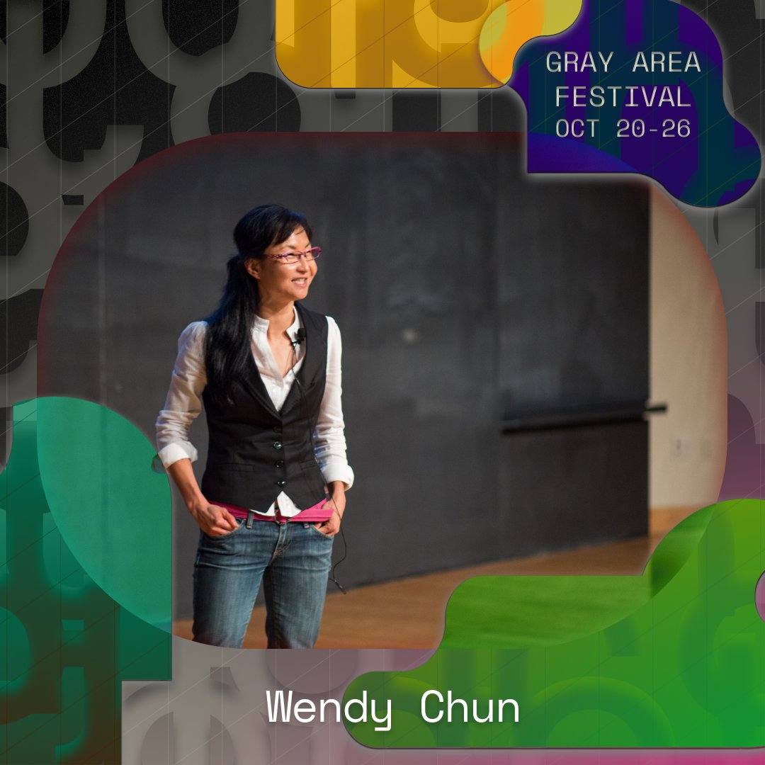 GrayAreaorg's tweet photo. Tune in to Gray Area Festival on 10/23 to hear media theorist @whkchun unpack how computational media restructure our experiences 🔍☁️

Join us in Video Lounges after the talk for a live conversation with speakers &amp; fellow attendees! 👥

Attend: https://t.co/KoPMUGOGHp https://t.co/cKnCbfm66c