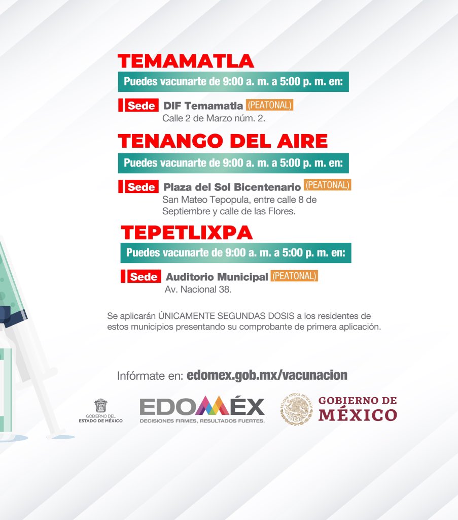 alfredodelmazo's tweet photo. El día de mañana 18 de octubre estaremos aplicando la segunda dosis a los adultos de 30 a 39 años en #Temamatla, #TenangoDelAire y #Tepetlixpa. #EstrategiaDeVacunación https://t.co/6Xeq5urei9