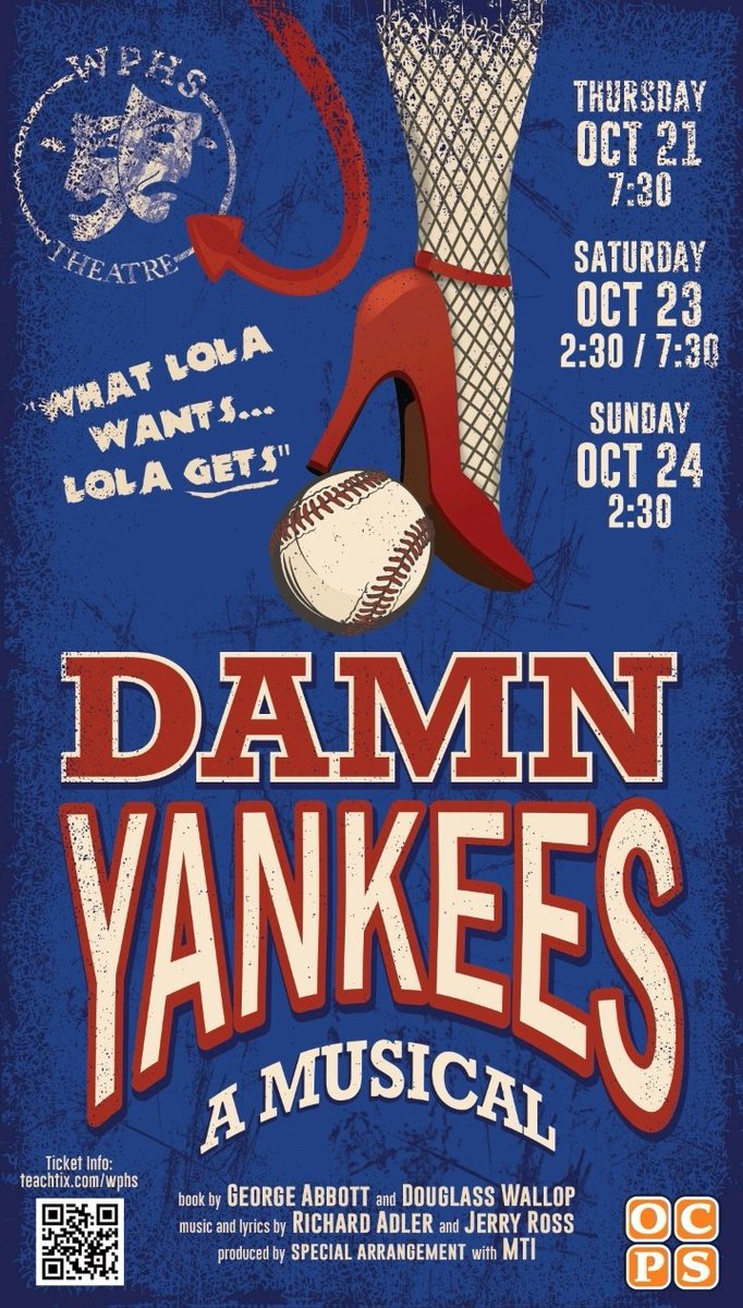 Don’t miss this Golden Age Musical live at WPHS on Oct 21st Oct 23rd Oct 24th.  Tickets on sale at teachtix.com/wphs/damn-yank…
<a href="/OCPSnews/">ocpsnews</a> @hsdocps <a href="/WheresArnoldWP/">Matthew Arnold</a> <a href="/ucfalum/">Angie Gallo</a> <a href="/DrBorder_OCPS/">Harold Border</a> <a href="/WinterParkFla/">City of Winter Park</a> <a href="/WPChamberFL/">Winter Park Chamber</a>