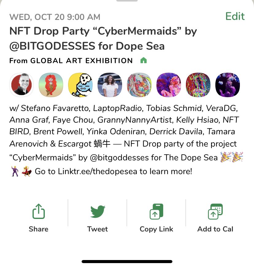 <a href="/thedopesea/">The Dope Sea</a> on Wednesday at 9am pst with Global Art Exhibition  <a href="/escargot67/">MULLER STEVE</a> <a href="/steffavaretto/">Stefano Favaretto</a> <a href="/dope_sea/">The Dope Sea Team</a> <a href="/BrentPowell/">Brent Powell</a> <a href="/seaalchemyart/">Kelly Hsiao | SR 💎🌊</a> <a href="/nancykilmer11/">Nancy Kilmer</a> <a href="/NFT_Tbird/">NFT-Bird</a> 

clubhouse.com/event/PDjwyN2O

#NFTCommunity #nft #NFTcollectibles #NFTdrops #nonprofit #mermaids #cybermermaids