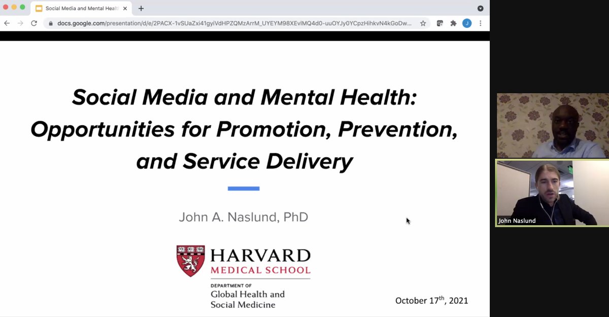 sarahl113's tweet photo. How can social media be used to augment mental health services? While there are several harms to its use, it has been so interesting learning about potential benefits to social media use with @naslundj from 
@harvardmed this afternoon! https://t.co/mH8jRNoOC0