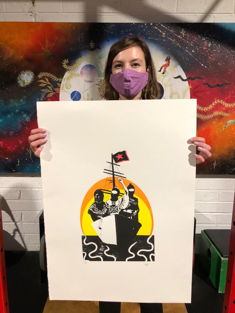 This beautiful print was created by Nic Flanagan, in Aclaí Gym in Cork, Ireland and gifted to the #Zapatista delegation today 💜

#LaGiraZapatistaVa
#JourneyofLife