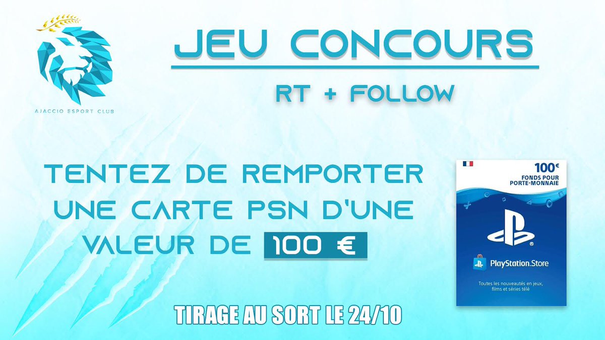 Pour fêter notre signature chez <a href="/AjaccioEsport/">Ajaccio Esport Club</a> avec la structure et <a href="/CorsicanoFIFA/">Corsicano</a> nous vous offrons 100 euros de carte PSN!

Pour participer il faut : 
- Retweet 
- Suivre <a href="/Alta_Melie/">Amélie</a> <a href="/CorsicanoFIFA/">Corsicano</a> et <a href="/AjaccioEsport/">Ajaccio Esport Club</a> 

Tirage au sort le 24/10!