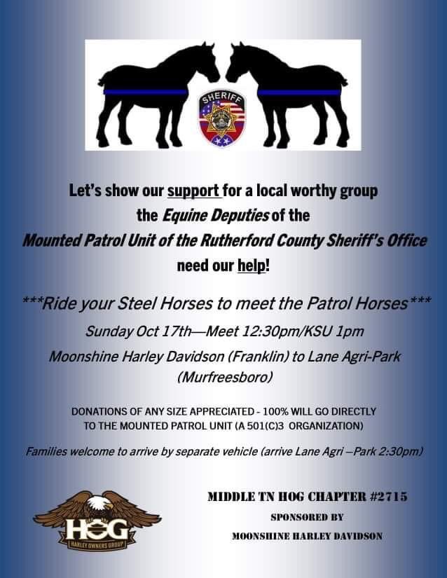 Looking for something fun to do today? Come support the Rutherford County Mounted Patrol at the Lane Agri- Park from 2:30-4:30. Food Trucks, DJ, and a great Silent Auction (items from the Titans, Preds, and local companies)! Also, meet the horses who help protect our community.