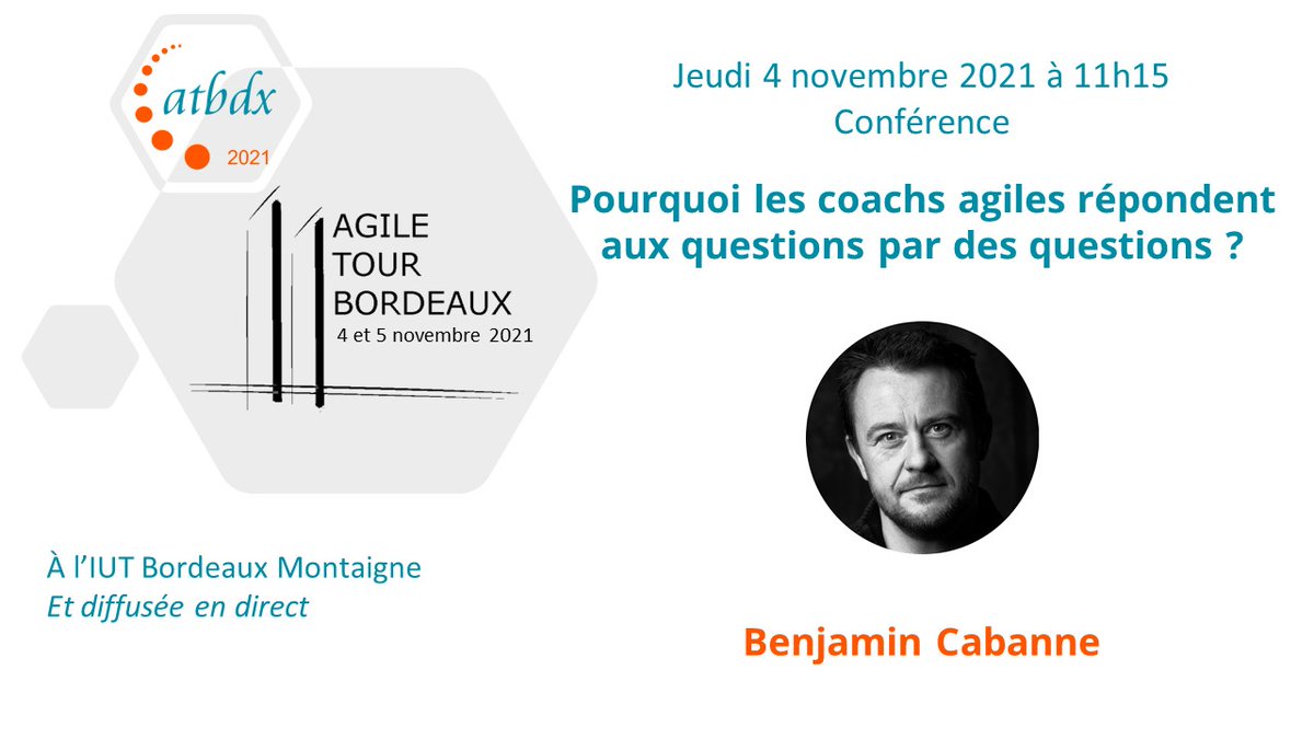 Agile Tour Bordeaux 🚀 (@atbdx) on Twitter photo Allez-vous assister à la conférence de @plopMaker à l'#atbdx le 4 novembre ? Il présente quoi ? "Pourquoi les coachs agiles répondent aux questions par des questions ?" #coaching #AgileCoaching 
Les billets gratuits ? 👉 weezevent.com/agile-tour-bor… Allez-vous assister à la conférence de @plopMaker à l'#atbdx le 4 novembre ? Il présente quoi ? "Pourquoi les coachs agiles répondent aux questions par des questions ?" #coaching #AgileCoaching 
Les billets gratuits ? 👉 weezevent.com/agile-tour-bor…