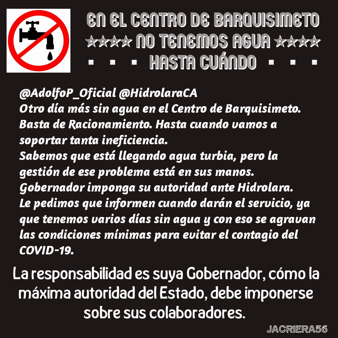 chebetocrespo's tweet photo. @AdolfoP_Oficial @mppaaguas_ @HidrolaraCA OTRO DÍA MÁS SIN AGUA EN EL CENTRO DE BARQUISIMETO. EL DIA DE AYER DEBERÍA HABER LLEGADO AGUA Y NO LLEGO NI UNA GOTA. HASTA CUÁNDO VAMOS A SOPORTAR TANTA INEFICIENCIA DE LOS GUERREROS INEPTOS. NO LE DEN MÁS LA ESPALDA AL PUEBLO. https://t.co/xmrJrZIVQn