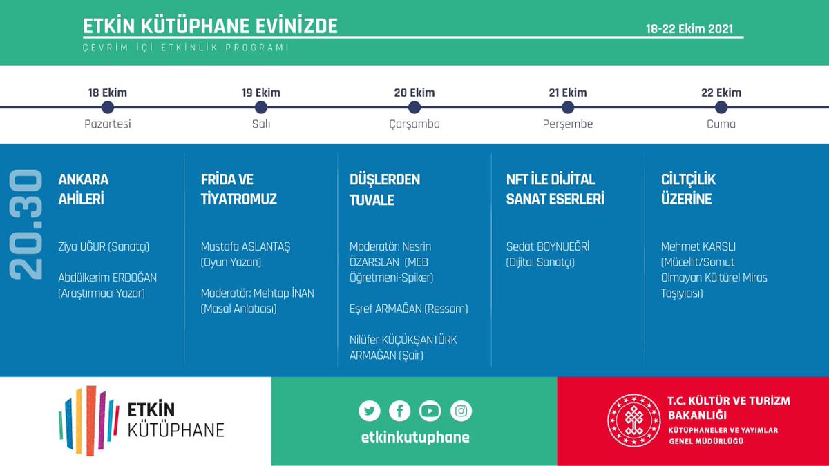 “Etkin Kütüphane Evinizde” uygulamamızın bu hafta sizinle buluşacak olan programları...

<a href="/etkinkutuphane/">Etkin Kütüphane</a> 
<a href="/KTBKYGM/">KYGM</a>