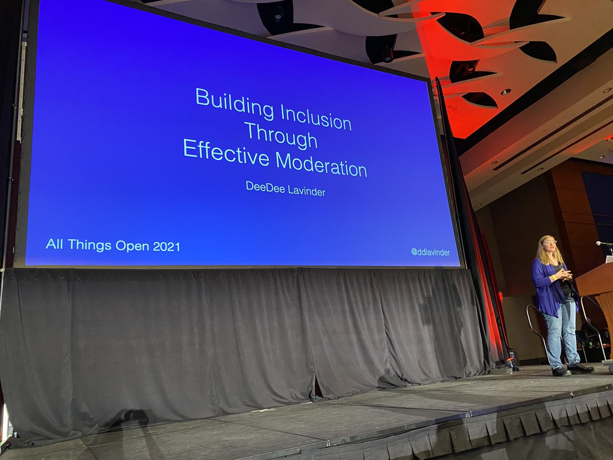 Very good tips on inclusive moderation from <a href="/ddlavinder/">DeeDee Lavinder</a> - if even one person is remote, everyone joins as remote. Hard to be inclusive in a hybrid situation of some in office and some remote. Just one of many gems. Check her recorded talk. #AllThingsOpen