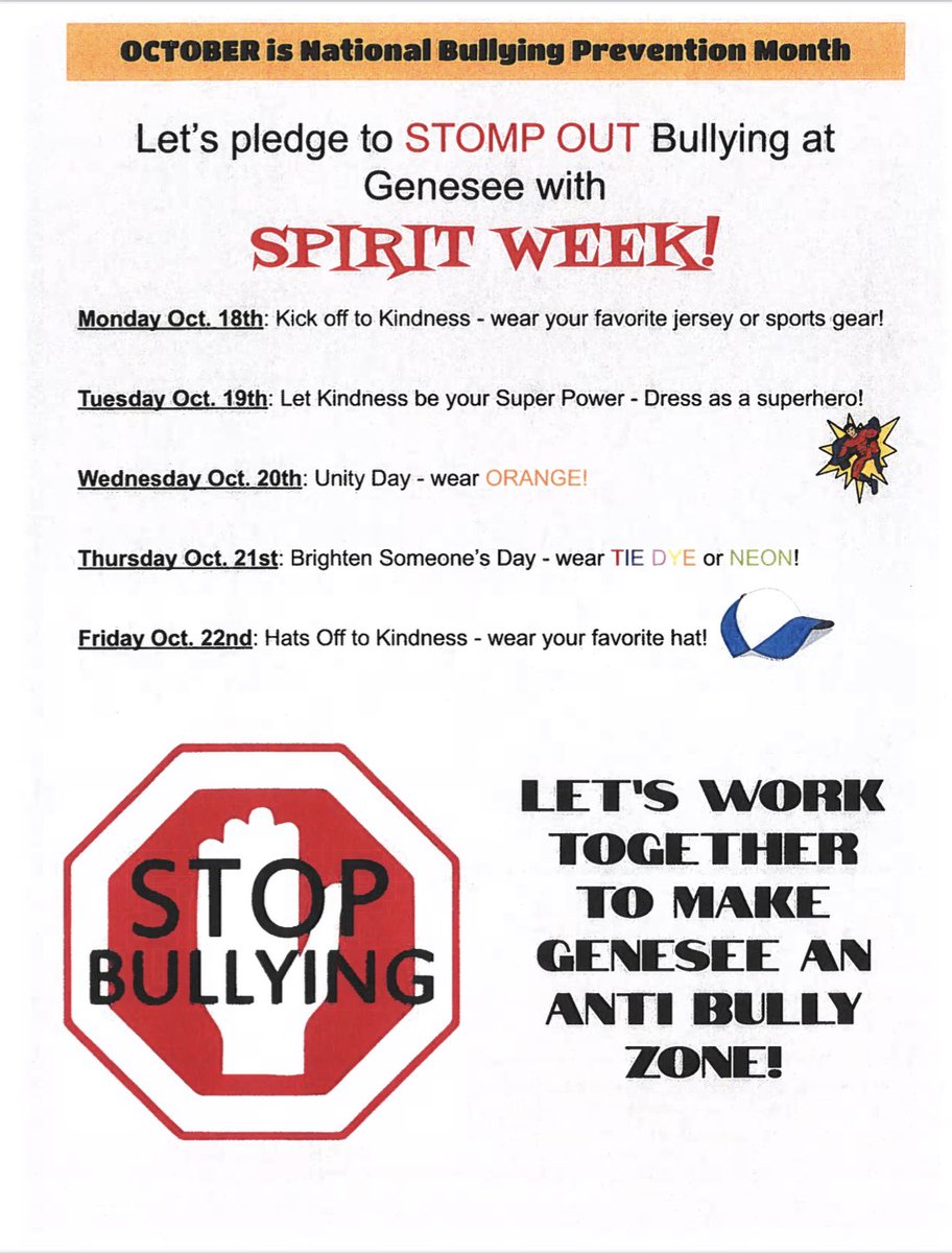Reminder that tomorrow kicks off our Spirit Week at Genesee to celebrate Bullying Prevention month. Wear your favorite sports team apparel or gear to show your PRIDE!