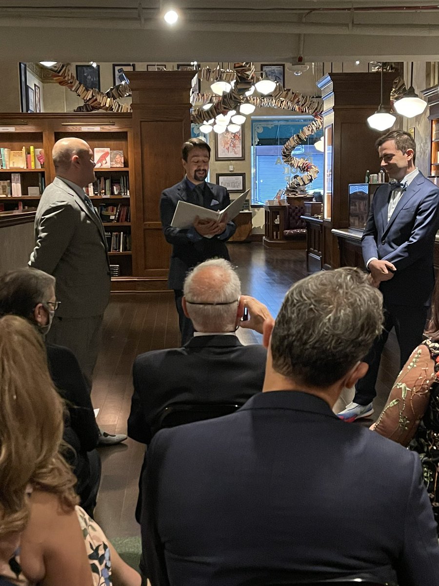 Vegalteno's tweet photo. Today was a very special day! @SuperOTM &amp; Josh got married @dramabookshop . You see, Owen is like a son to us, so it was very appropriate for @Lin_Manuel to officiate and for all of us to celebrate. https://t.co/Ts9fBL2IUj