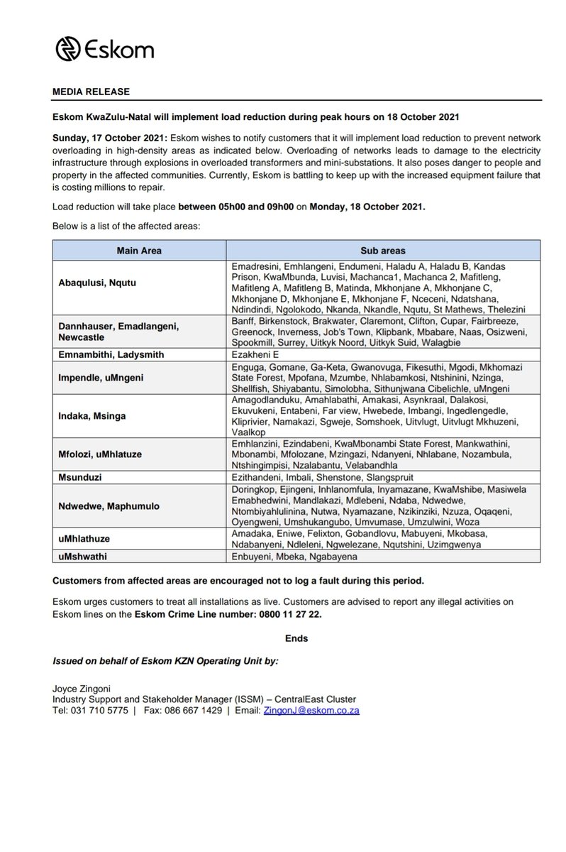 Eskom_SA's tweet photo. Eskom Load Reduction Notice

Date: 17 October 2021

#EskomFreeState #EskomGauteng #EskomKZN

Please see below, provincial statements with details and areas that will be affected by load reduction tomorrow morning, from 05:00 to 09:00. https://t.co/ibK9cKzB0T