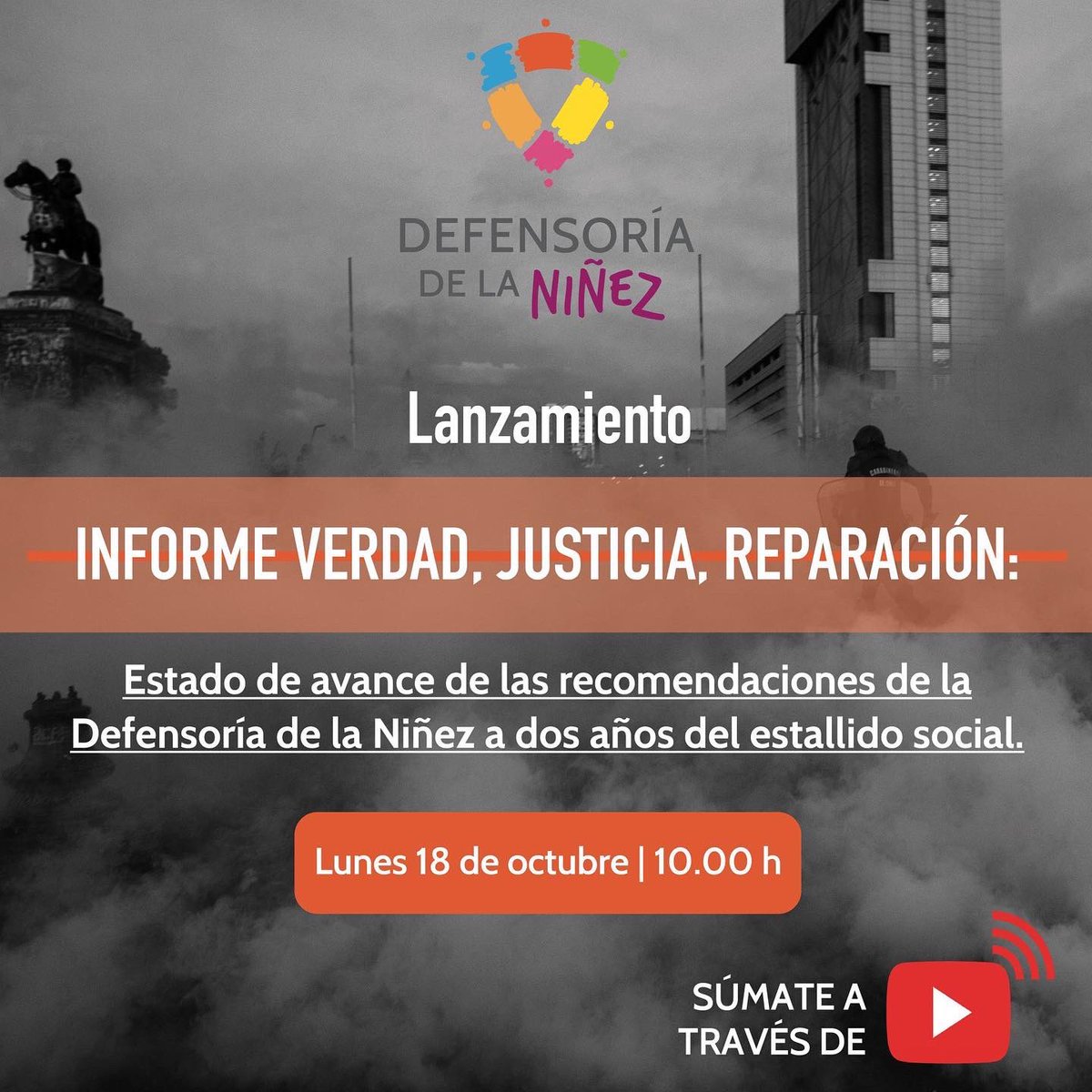 defensorianinez's tweet photo. 📌MAÑANA a las 10 hrs. | Lanzamiento de "Informe Verdad Justicia y Reparación: Estado de avance de las recomendaciones de la Defensoróa de la Niñez a dos años del estallido social".
📺Sigue la transmisión por Youtube

#VerdadJusticiayReparación 
#PorlosDDHHdelaNiñezyAdolescencia https://t.co/2bGBu4AQNG