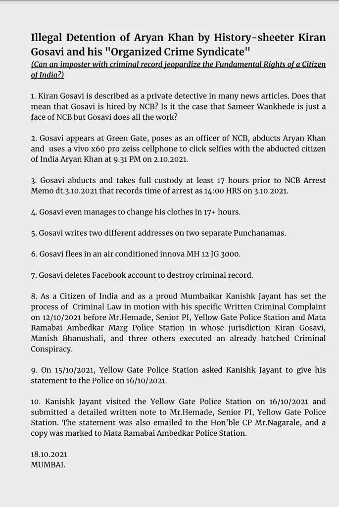 jayant_kanishk's tweet image. Illegal Detention of #AryanKhan by History-sheeter #KiranGosavi and his &quot;Organized Crime Syndicate&quot;.
Can an imposter with criminal record jeopardize the Fundamental Rights of a Citizen of India?
#OrganizedCrimeSyndicate #KiranGosavi 
#AryanKhan
#FundamentalRights
#KanishkJayant