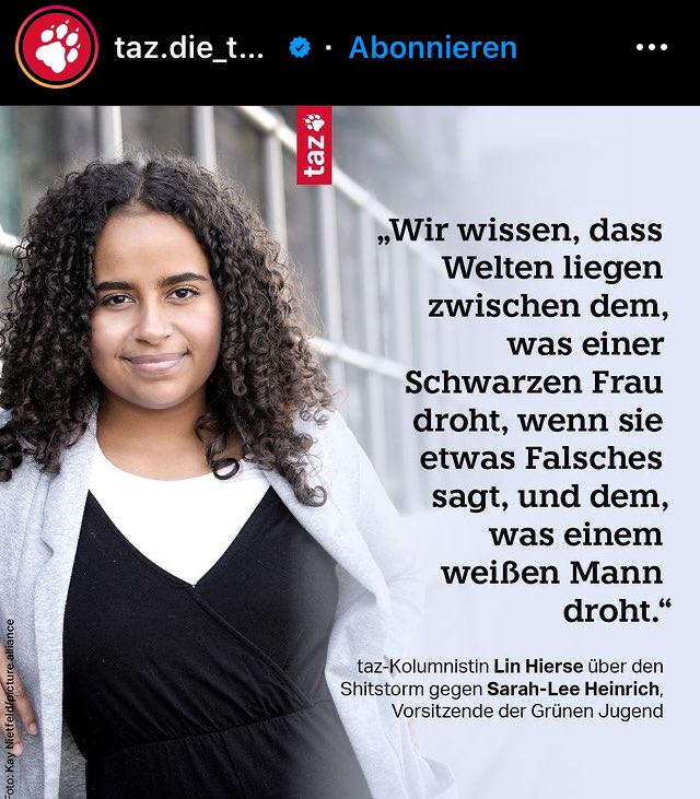 Stimmt. Denn wenn von einem weißen Mann Tweets auftauchen, in dem er mit “Heil” auf ein Hakenkreuz antwortet, ist der weg von Fenster. 

Und er bekäme danach nicht von der taz eine Bühne geboten, wo er rum heulen kann.