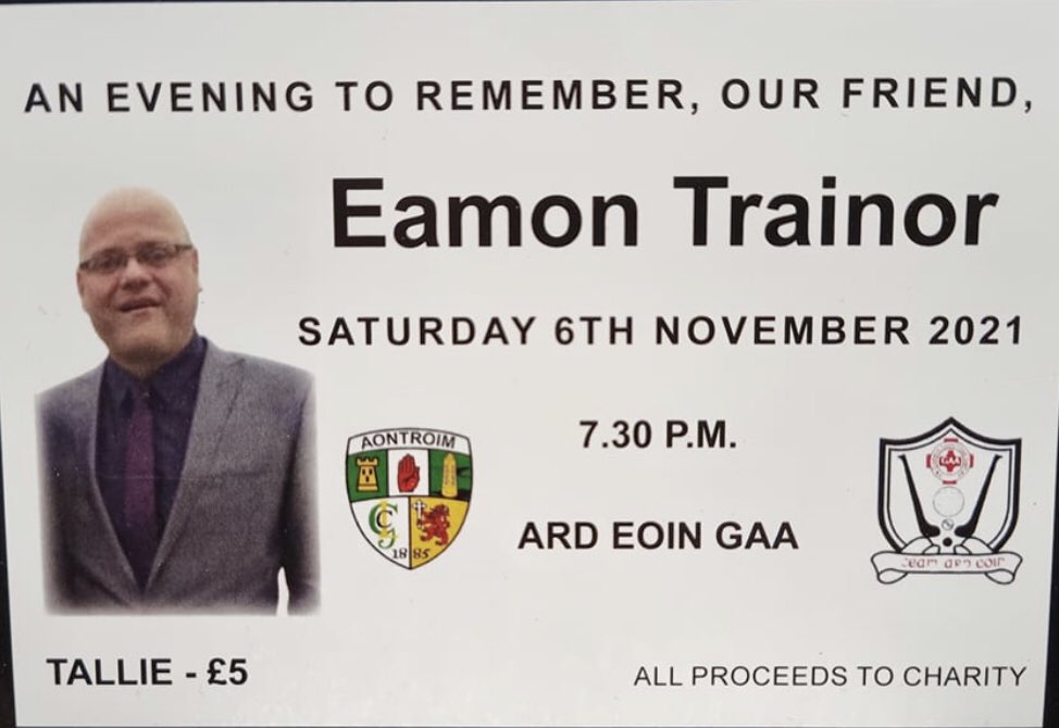 ardoynegac's tweet photo. ⚫️ A night to remember Eamon Trainor⚪️

Celebration of our friend Eamons life, Saturday 6th November in Ciceam Ard Eoin GAC @ 7.30pm

Please contact Danny Burns or Jim Clarke for tickets. 

We encourage all members &amp; friends to attend  on the night. ⚫️⚪️ https://t.co/TuBF6on4ND