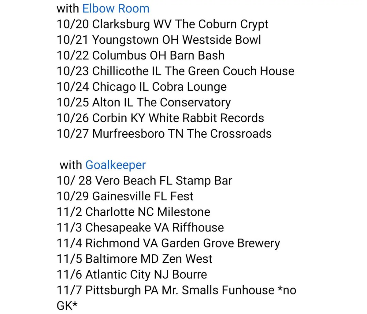 Stoked to rip these sick shows with <a href="/ElbowRoomBand/">Elbow Room</a> and <a href="/goalkeeperband/">Goalkeeper</a>! Tour starts Wednesday 🙌