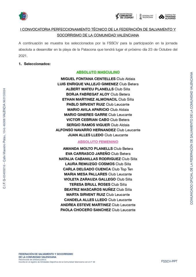 fsscvalenciana's tweet photo. I CONVOCATORIA PERFECCIONAMIENTO TÉCNICO DE LA FEDERACIÓN DE SALVAMENTO Y SOCORRISMO DE LA COMUNIDAD VALENCIANA. #FSSCV21 
#Seleccionados por https://t.co/Kv4GDuetms