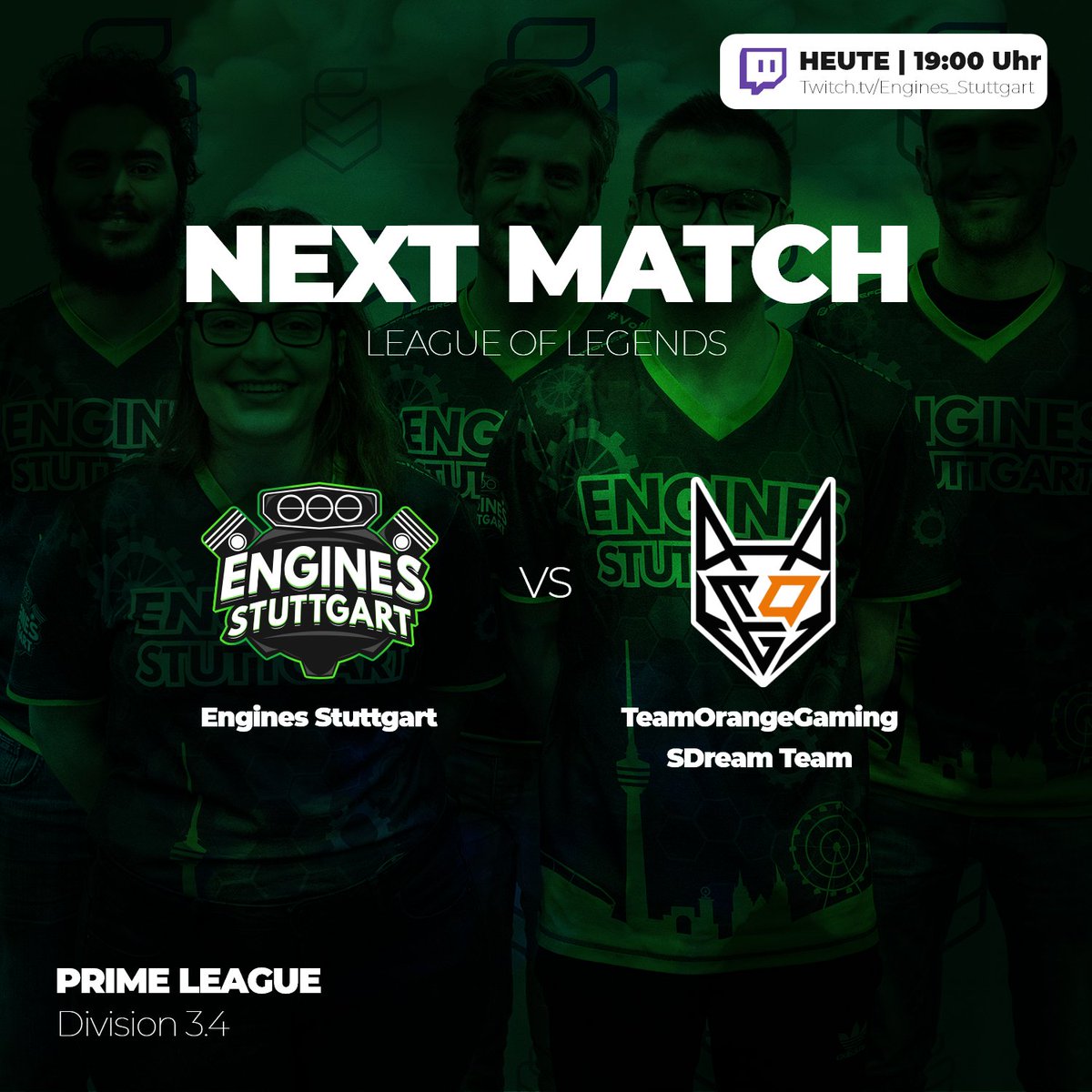 Auf gehts in die Woche mit der #leagueoflegends <a href="/PrimeLeague/">Die Techniker Prime League</a> 🎮
Es tritt #EnginesStuttgart gegen <a href="/TOGfoxes/">TeamOrangeGaming</a> SDreamTeam an 💪

Ab 19:00 Uhr mit <a href="/lars_buttner/">Büttner mein Name</a> und #Jonsi auf: 

▶️ Twitch.tv/engines_stuttg… 📺

#Vollgas da!