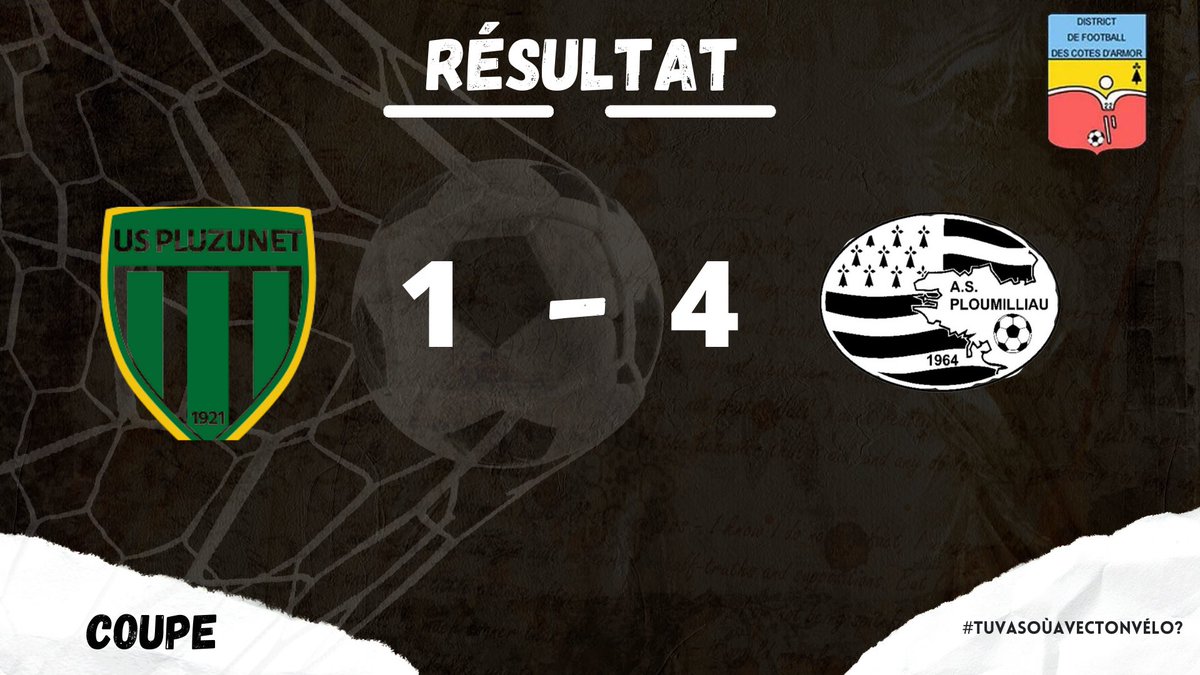 [Coupe du District] 🏆

Victoire 4-1 et qualification de l’AS Ploumilliau face à l’US Pluzunet 🔴⚪️

Buteurs 🎯 :

- Antoine GRACE (x2)
- Fabien DANIEL
- Anthony DHONT

#tuvasoùavectonvélo