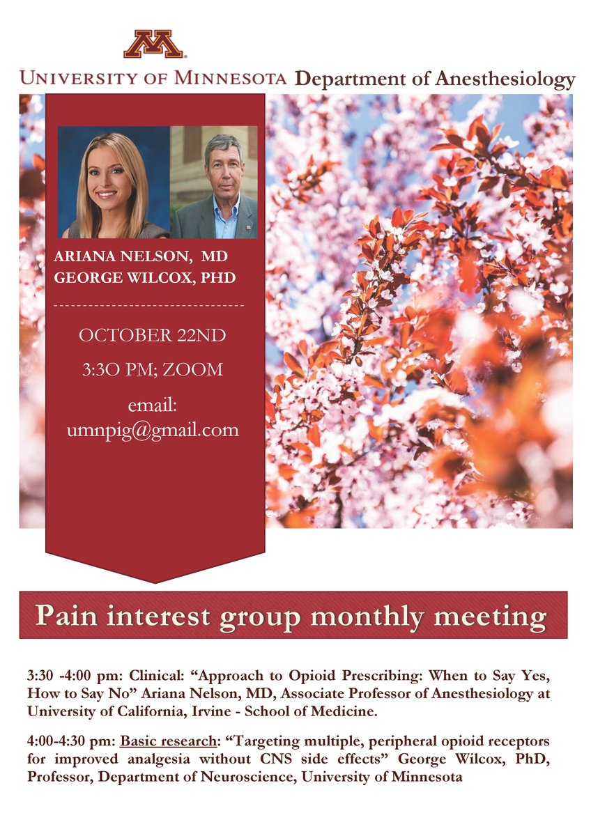 Talktoratan's tweet photo. Join @UMNanes for first monthly Zoom seminar of 2021-22 with Dr. Nelson of @ucianesthesia as she explains when to use opioid and how to say no. Dr. Wilcox of @umnpain will talk how to target multiple opioid receptors to avoid CNS s/e. For zoom invite, email to umnpig@gmail.com https://t.co/sY1qlSlvx4