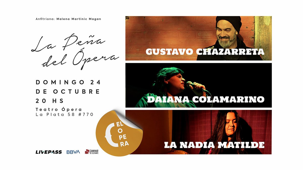 El próximo domingo a las 20 hs vuelve #LaPeñaDelOpera en el <a href="/operalaplata/">El Opera</a>!
Participarán: #LaNadiaMatilde, #GustavoChazarreta y <a href="/DaiColamarino/">Daiana Colamarino</a>. Anfitriona: #MalenaMartinicMagan. Baila en el escenario: #MartaSarasola.
Entradas en venta en: bit.ly/LaPeñaDelOpera
Lxs esperamos!