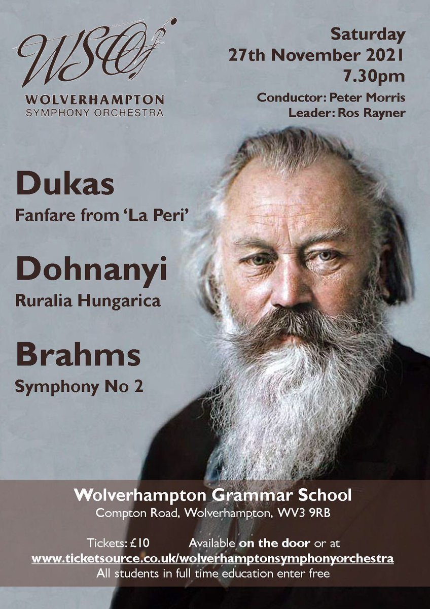 Our next concert: Saturday Nov 27 2021, 7.30pm,
Wolverhampton Grammar School. Tickets £10, all students free. Programme of Brahms,
Dohnanyi and Dukas, see wolsymorc.org.uk for details.