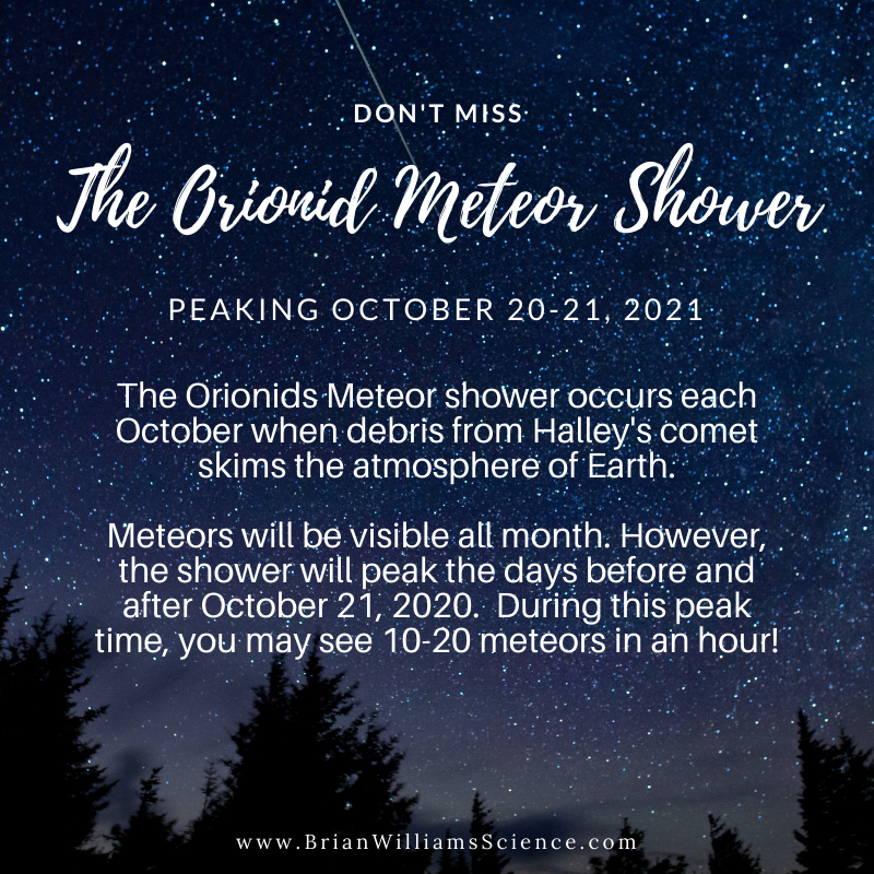 Don't miss the #Orionids this year! They peak this week.  This month's full moon may make it difficult to spot all bu the brightest meteors, but you still may catch a few good ones. #DoSomeScience

Read more here: earthsky.org/astronomy-esse…