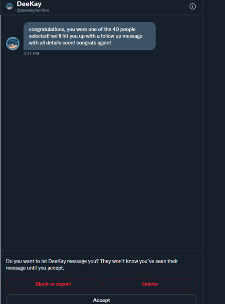 7aj's tweet photo. @deekaymotion Fake account dm'ing people to scam! Stay safe https://t.co/LmShbd2iHh