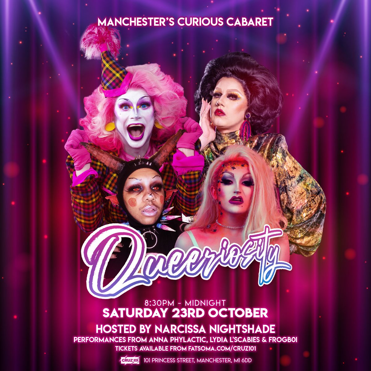 queeriosityshow's tweet photo. ARE YOU READY FOR ANOTHER ONE! Get down to Queeriosity at @Cruz101Official next Saturday for another night of Queer joy, talent &amp; cabaret with @NarcissaNights1, @Annaphylactic , @LydiaLScabies &amp; our Frogb0i! Tickets available now! £5 online , £7 on the door. 🎟 link in bio! https://t.co/KMW8VoseCB