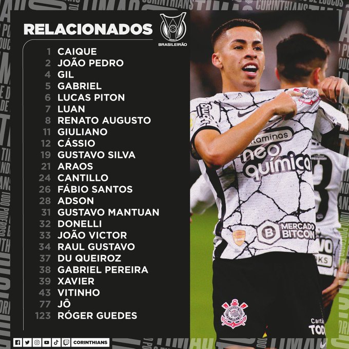 Confira a lista dos jogadores relacionados do Timão para o duelo diante do São Paulo. Fonte: Corinthians/Twitter