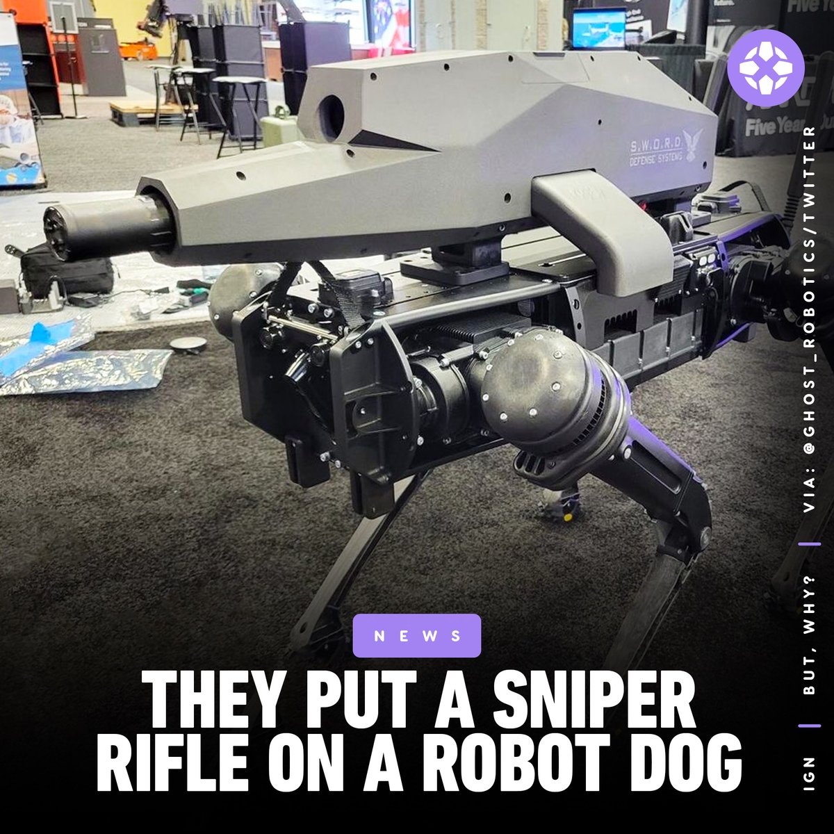 IGN's tweet photo. Two US weapons companies have collaborated &amp; managed to strap a sniper rifle on to the back of a robot dog. The Quadrupedal Unmanned Ground Vehicle, or Q-UGV is designed to be "unstoppable," can fire out 1,200 meters, and is equipped with day and night sensors. https://t.co/iDAJgNBggT