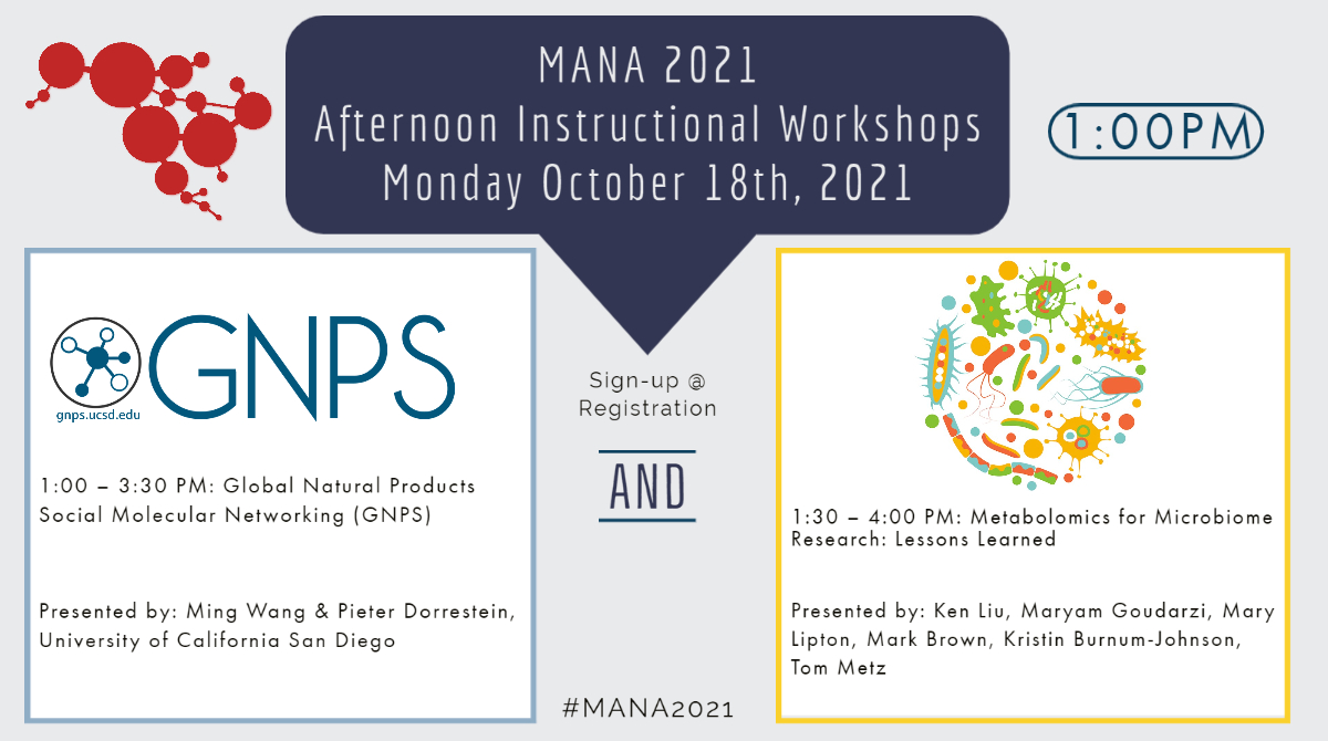 MetabolomicsANA's tweet image. Check out the afternoon #MANA2021 concurrent workshops hosted by @GNPS_UCSD and Microbiome Metabolomics. Learn more about molecular networking with #GNPS, and lessons learned in microbiome research by our knowledgeable panelist!