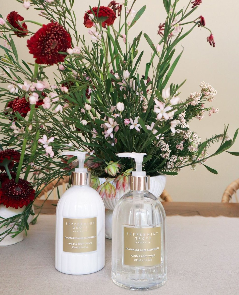 Peppermint Grove hand &amp; body cream &amp; body wash have arrived. 
Two Fragrances: Champagne &amp; Red Raspberries
Lychee &amp; Guava
A Lovely Christmas Gift, Can Be Gift Wrapped 🎁
#shop #giftideas #giftforher #brisbaneshop #onlineshop #ginjab