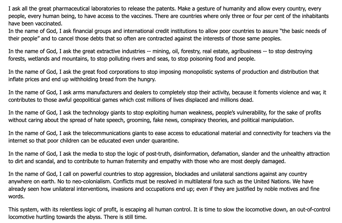 Wow! Pope Francis just delivered nine appeals "in the name of God" to big pharma, banks, the mining industries, arms manufacturers, food producers, tech firms, telecommunications companies, the media, and powerful countries to stop the relentless pursuit of profit over people.
