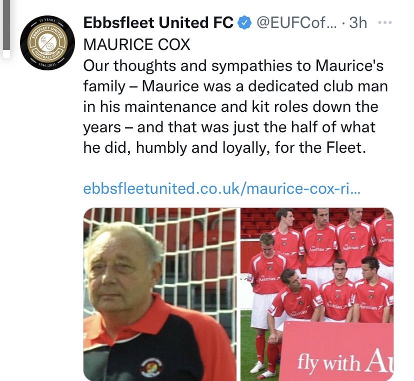 This man was a absolute legend . I was only at ⁦<a href="/EUFCofficial/">Ebbsfleet United FC</a>⁩ for a season he made my time there so enjoyable always there for the players at training and match days . RIP big man . ⁦<a href="/bobbybowry8/">bobby bowry</a>⁩ .