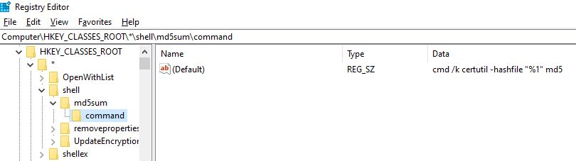 lucian_liu's tweet image. 想装一个查看文件md5 hash的工具，发现Win10已自带这功能，研究了下给整合到右键菜单了。方法是在\HKEY_CLASSES_ROOT\*\shell\新建键值，名称任意如md5sum，可以建Icon字段指定一个ico文件（最好16x16）。再新建command键值，默认字符值cmd /k certutil -hashfile &quot;%1&quot; md5。
