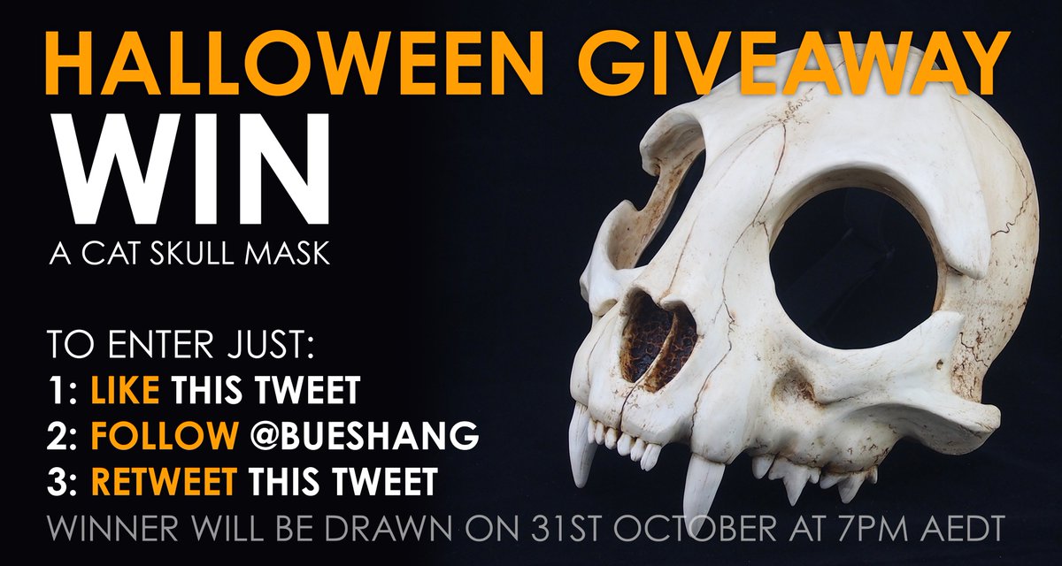 🎃HALLOWEEN GIVEAWAY!!🎃

LIKE, RT and FOLLOW to enter. To go in the draw to win a half cat skull mask.

The winner will be selected randomly on the 31st Oct 7pm AEDT 2021 and contacted by this account.

Please note I don't cover any import taxs your country may have.