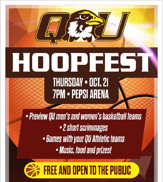 𝐒𝐀𝐕𝐄 𝐓𝐇𝐄 𝐃𝐀𝐓𝐄 🦅

🗣 HOOPFEST 
📆 Oct 21, 2021
⌚️ 7 PM 
🏟 Pepsi Arena
🏀 <a href="/QUHawksMBB/">QU Men's Basketball</a> &amp; <a href="/QUHawksWBB/">QU Women's Basketball</a> 

#FlyWithUs 🦅 | #sQUad 🏀