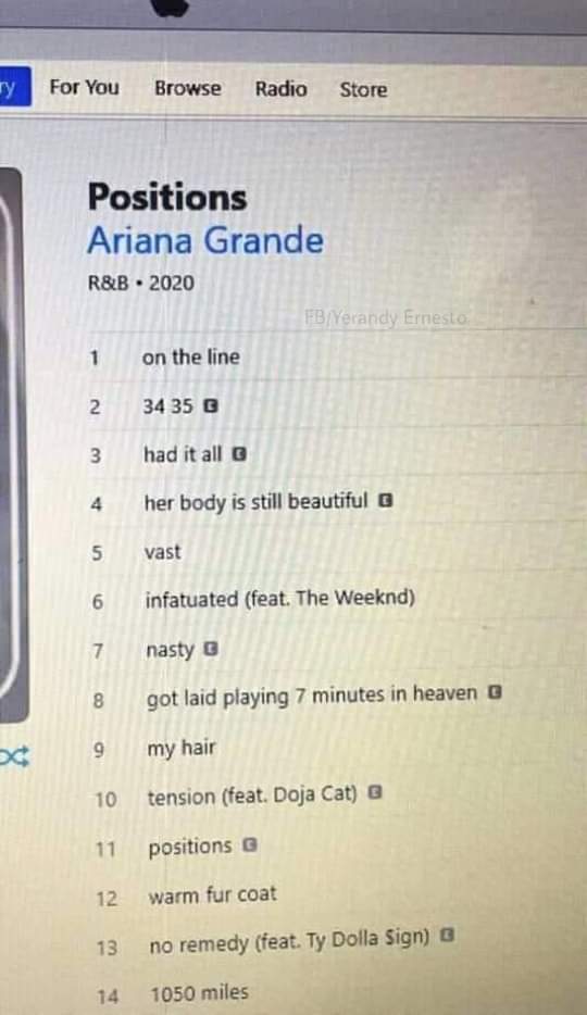 ArianaBaePosts's tweet photo. Pov: estás en octubre del 2020 dónde se filtró la portada del Álbum "Positions"  y gente publicando track list "falso" del álbum. https://t.co/53WGgEYNxt