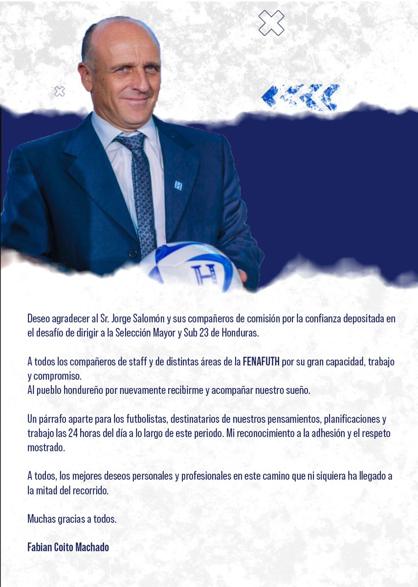 📃 Carta de agradecimiento  del D.T 👤 <a href="/FabianCoito/">Fabián Coito</a>.

Dirigida a las autoridades de @FenafuthOrg, staff, jugadores de #LaH y pueblo hondureño.

#FENAFUTH #HONDURAS #SelecciónNacional