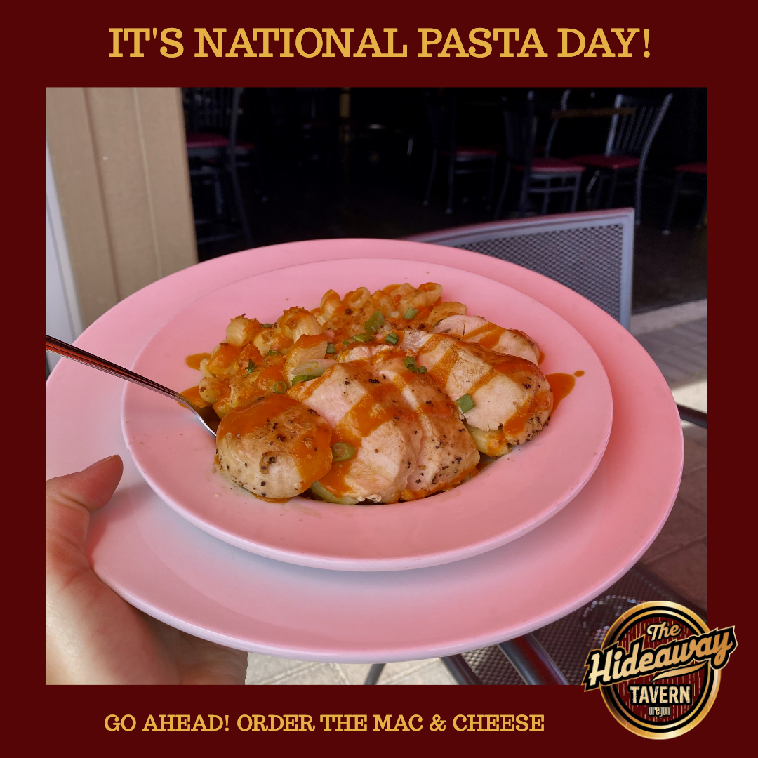 TheHideawayBend's tweet photo. Go ahead, order the Mac &amp; Cheese! Ours is delicious enough for any day, but in case you needed an excuse, today is #NationalPastaDay ! 🍝 https://t.co/Q0OrYrXODv