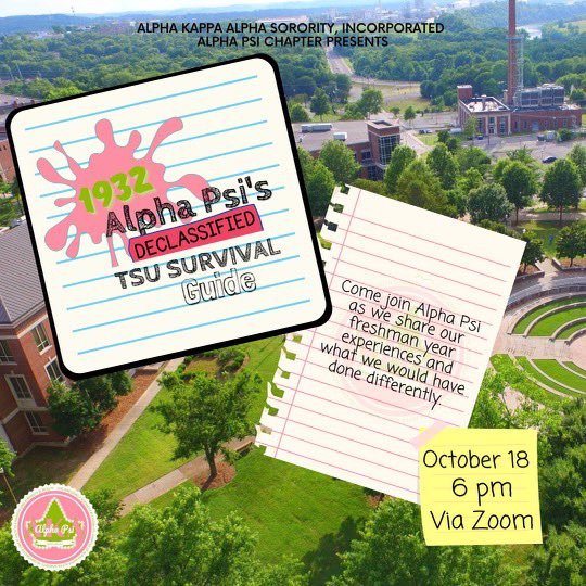 Join the ladies of Alpha Psi and lead the way to the TSU Survival Guide for Freshman students. 📚✏️

We are here to help you navigate through the struggles of budgeting for the first time as a freshman student! Zoom link in the bio!