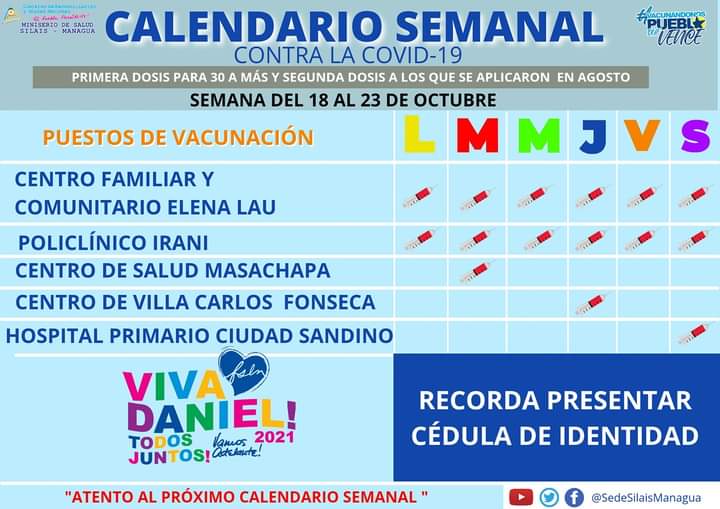 Familias y comunidad en general
#VacunandonosPuebloQueVence #OctubreVictorioso #FuerzaDePuebloQueVence 
@ReDFSLN @RedVolucion1979 @CADEJOFSLN @todoscondaniel2 @NicaraguaFSLN2 @PLOMO73 @alexaplomo79 @WinTm93 @SilaisManagua @MolotovDigital2 @Barricada79 @Nica2019 @41Ardilla