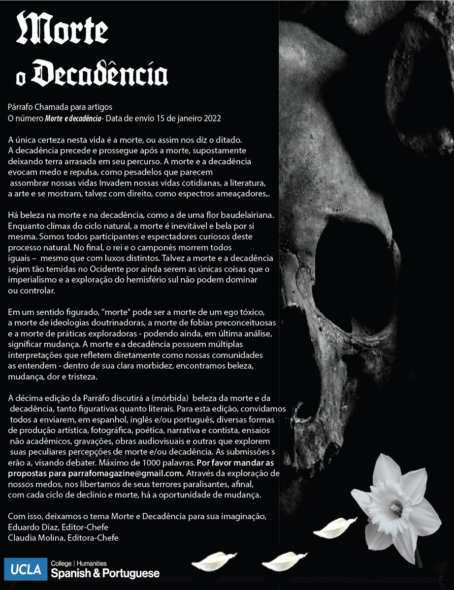 ParrafoMagazine's tweet photo. We are excited to present our Call for Papers for the 10tu Issue of Párrafo: Death and Decay. #UCLA #Literature #callforpapers #Gradstudents #SpanishLit #DeathAndDecay https://t.co/6fwCOlPNDE