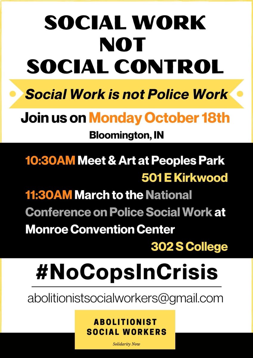 INMutualAid's tweet photo. This event is being organized in response to the National Conference on Police Social Work, hosted by cops.

Some social workers in Indiana who are also abolitionists aren't interested in working -with- the police, but rather -for- their community.

#NoCopsInCrisis https://t.co/WeylK7f3ls
