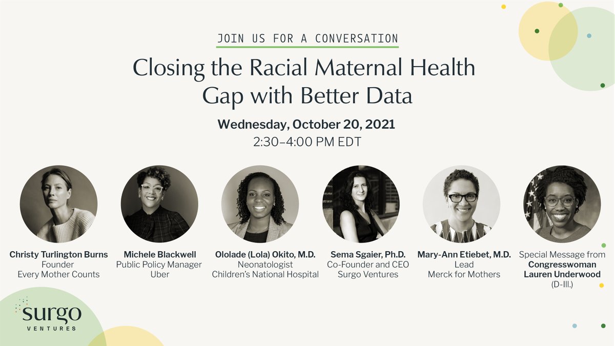 SurgoVentures's tweet photo. 🙌 In just two days!! 
This Wed., Oct. 20 we're thrilled to be gathering these ⏬ inspiring experts to discuss how better data + policy can improve poor #maternalhealth outcomes, esp. for Black birthing ppl who die 2-4x the rate of White ppl.
 Join us! https://t.co/y81Bdwf0SJ https://t.co/WfA9Id62iL