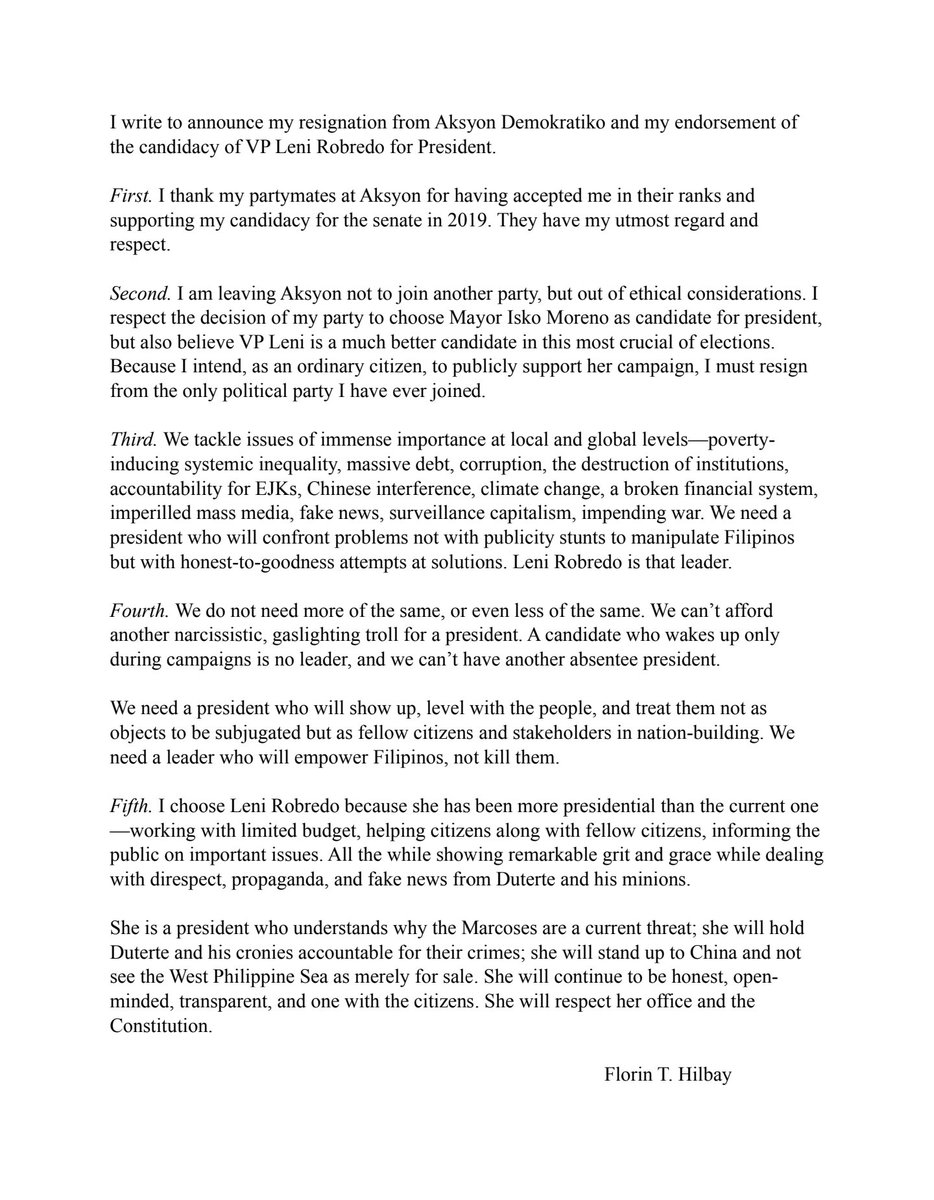 fthilbay's tweet image. Resignation from Aksyon Demokratiko and Endorsement of VP Leni Robredo for President.